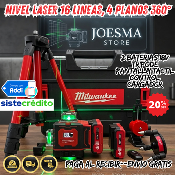 Nivel Láser 16 Líneas Táctil – MILWAUKEE | 4 planos 360° | Autonivelante🎚️